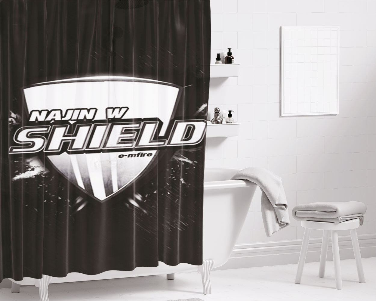 Najin White Shield Logo Bathroom Shower Curtain Fabric Waterproof | 66 X 72 Inch