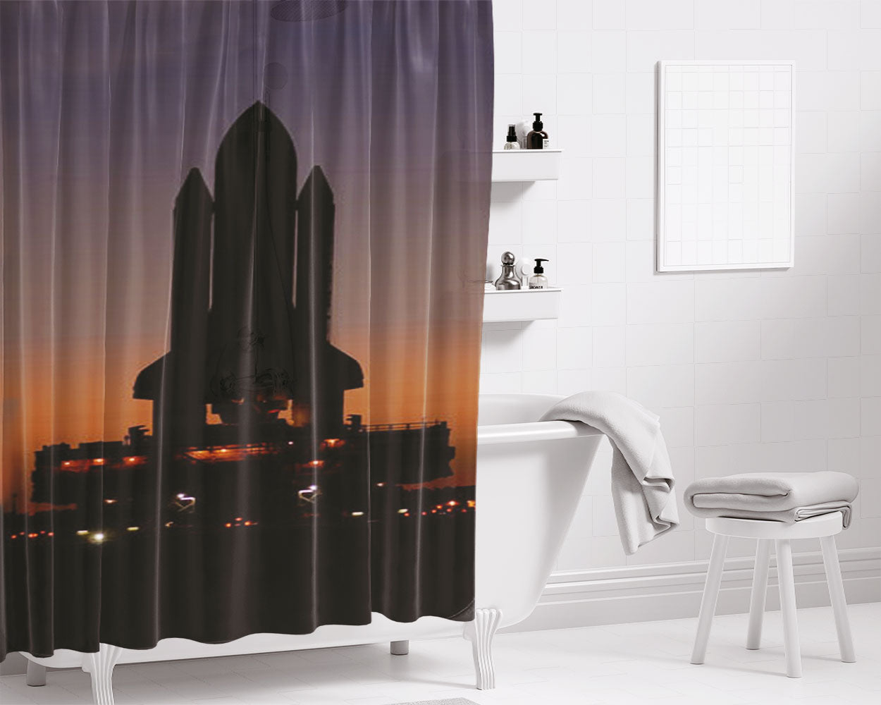 Nasa Shuttle Waiting For Launch Bathroom Shower Curtain Fabric Waterproof | 66 X 72 Inch