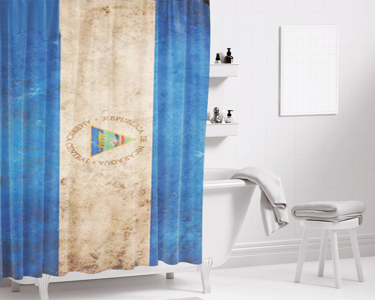 Nicaragua Flag Rough Bathroom Shower Curtain Fabric Waterproof | 66 X 72 Inch