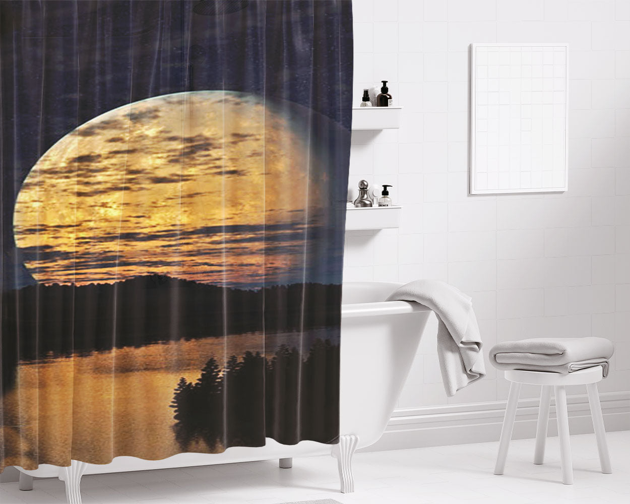 Night Sky Moon Trees River Bathroom Shower Curtain Fabric Waterproof | 66 X 72 Inch