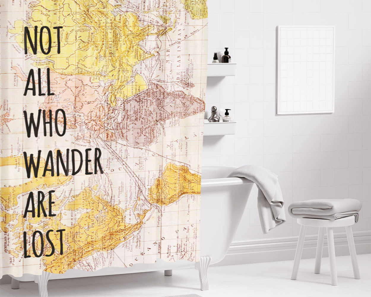 Not All Those Who Wander On Vintage Map Bathroom Shower Curtain Fabric Waterproof | 66 X 72 Inch