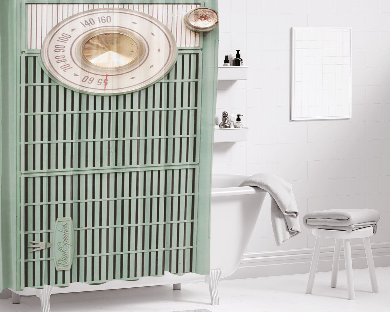 Old Green Radio Bathroom Shower Curtain Fabric Waterproof | 66 X 72 Inch