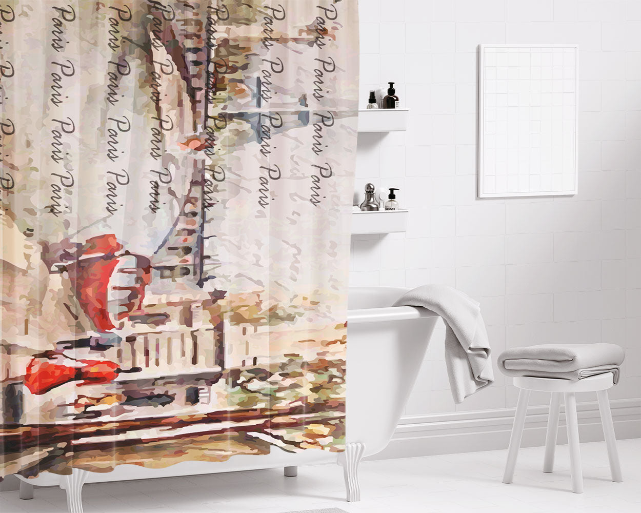 Old Paris Postcard With Eiffel Tower Bathroom Shower Curtain Fabric Waterproof | 66 X 72 Inch
