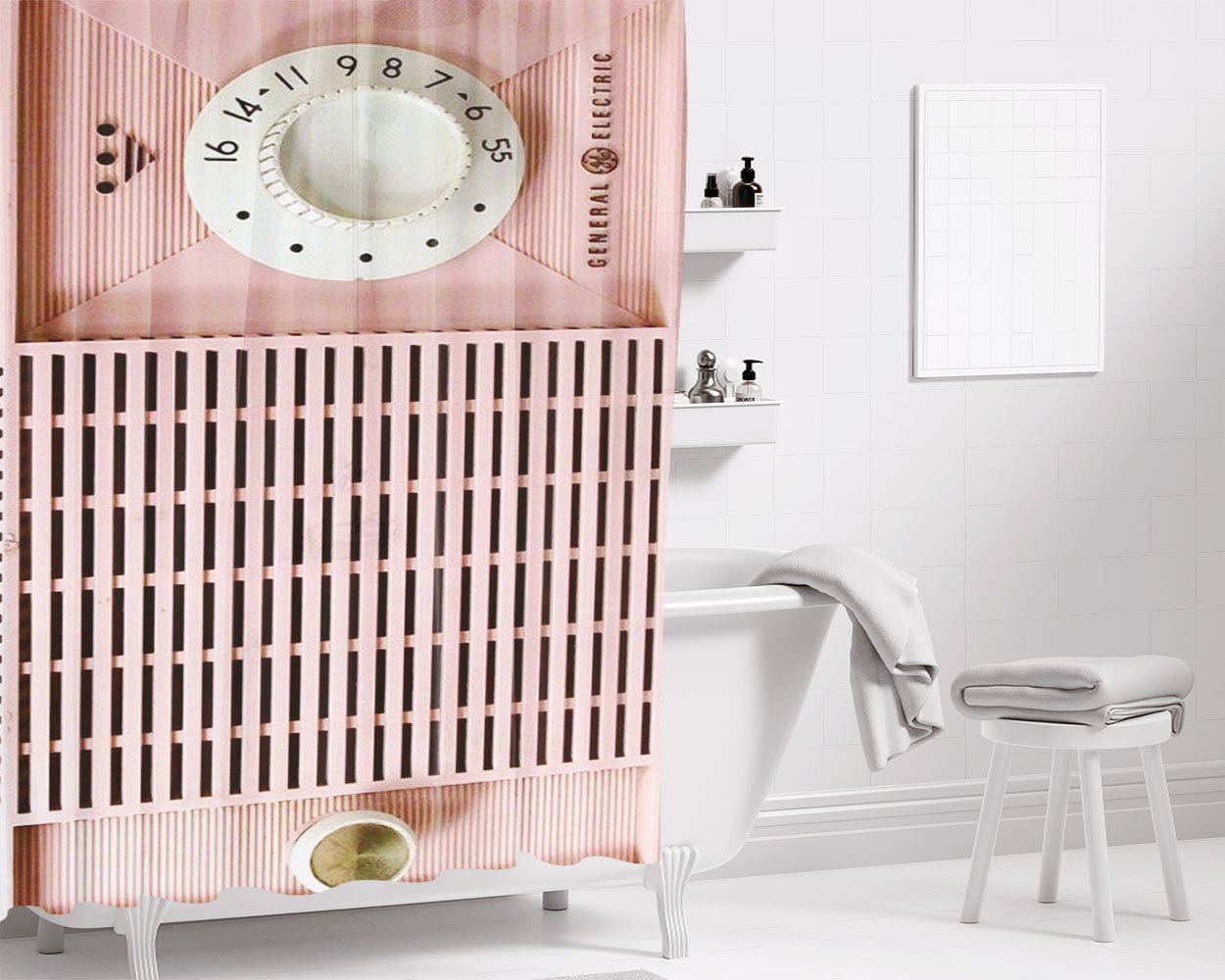 Old Pink Radio Bathroom Shower Curtain Fabric Waterproof | 66 X 72 Inch