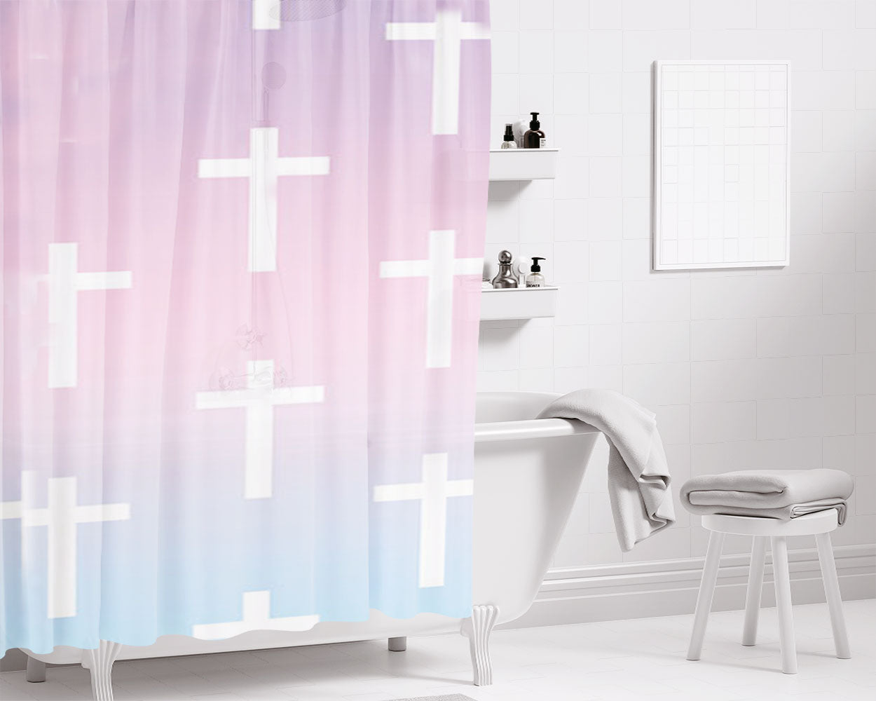 Ombre Pastel Crosses Bathroom Shower Curtain Fabric Waterproof | 66 X 72 Inch