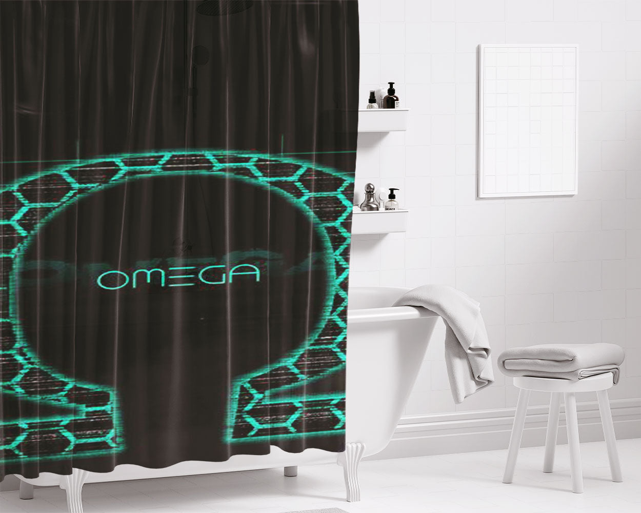 Omega Logo Bathroom Shower Curtain Fabric Waterproof | 66 X 72 Inch