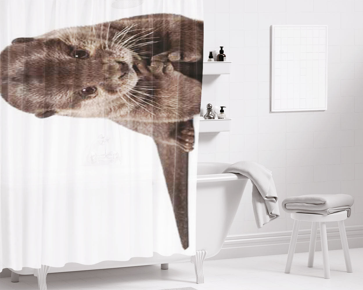 Otter Wht Bkg Bathroom Shower Curtain Fabric Waterproof | 66 X 72 Inch