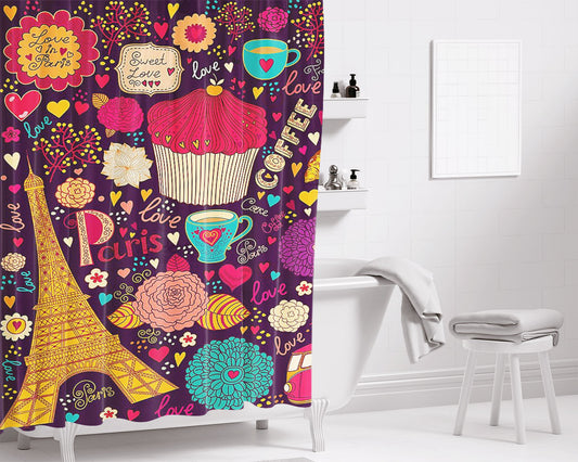 Paris Love Bathroom Shower Curtain Fabric Waterproof | 66 X 72 Inch