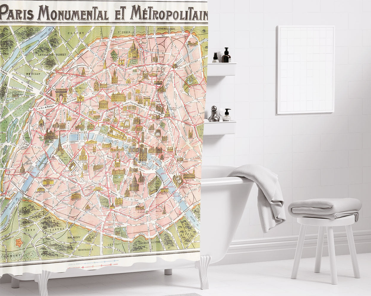 Paris Map Bathroom Shower Curtain Fabric Waterproof | 66 X 72 Inch