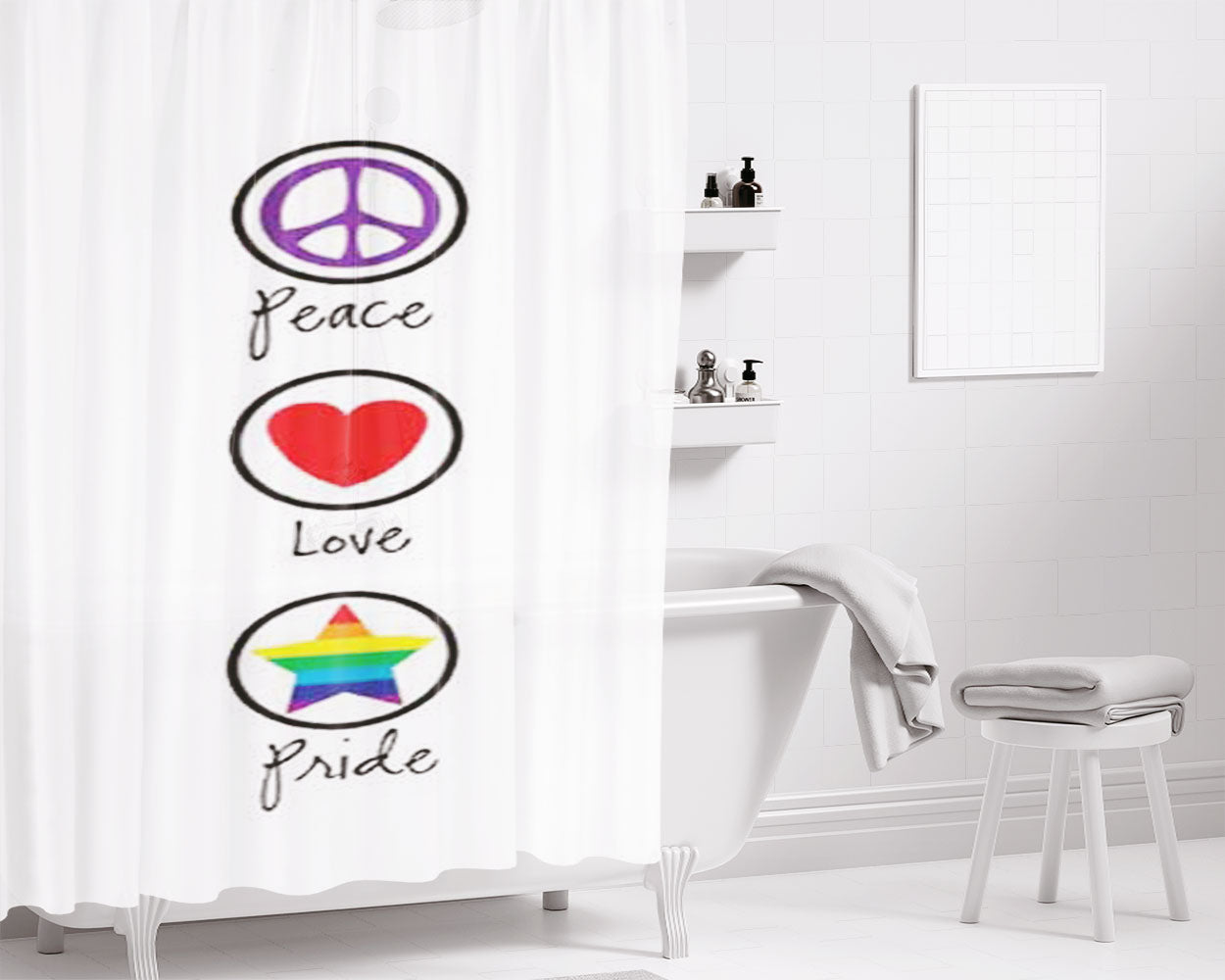 Peace Love Pride Symbols Bathroom Shower Curtain Fabric Waterproof | 66 X 72 Inch