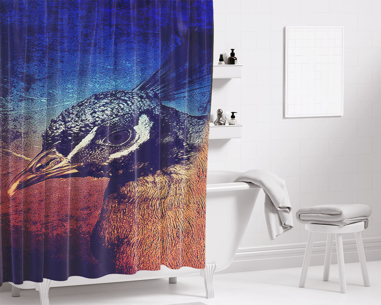 Peacock Design Art Illustration Bathroom Shower Curtain Fabric Waterproof | 66 X 72 Inch