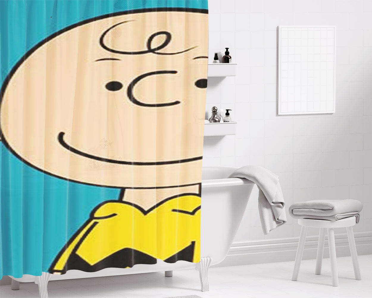 Peanuts Charlie Brown Blue Bathroom Shower Curtain Fabric Waterproof | 66 X 72 Inch