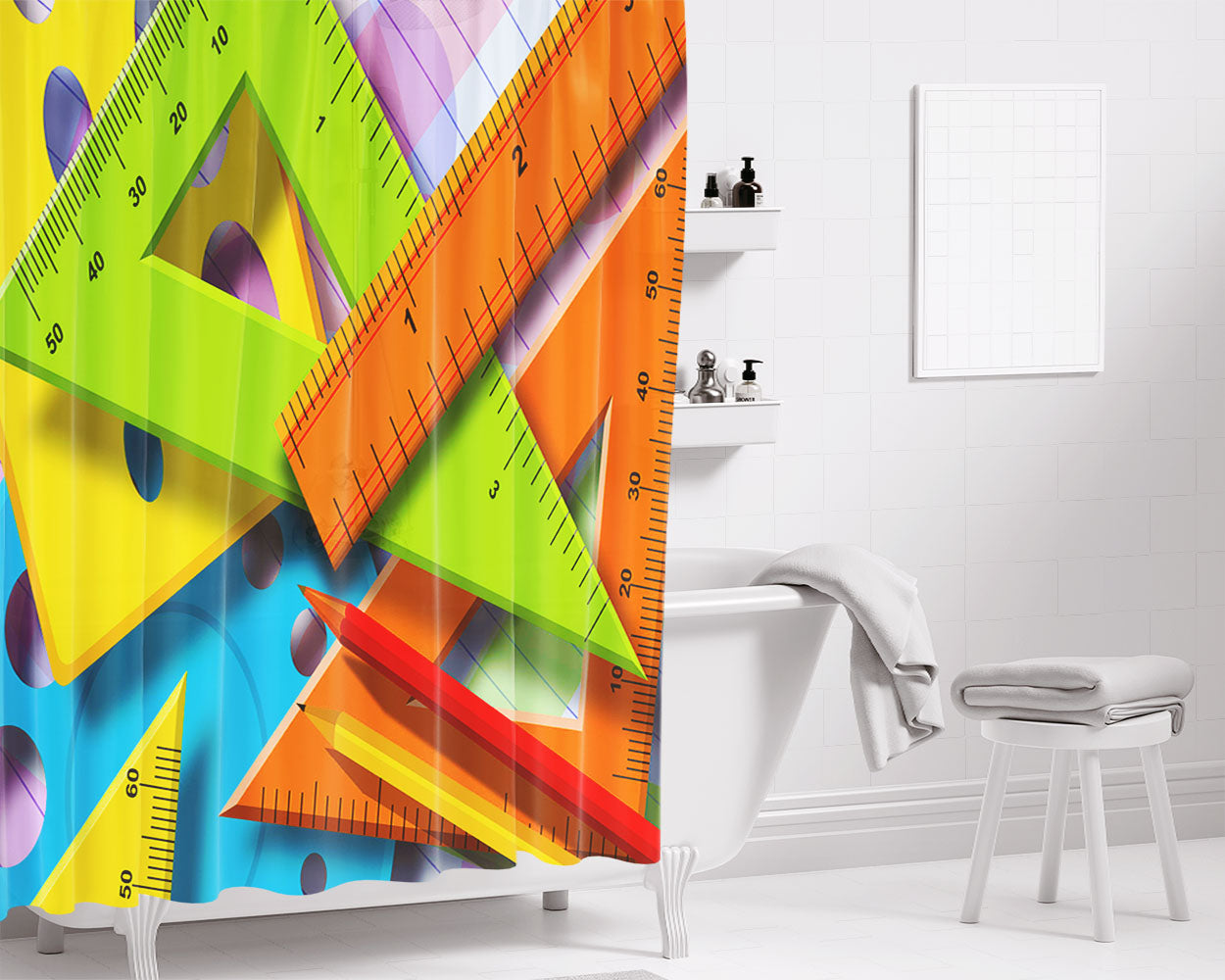 Pencils And Rulers Bathroom Shower Curtain Fabric Waterproof | 66 X 72 Inch