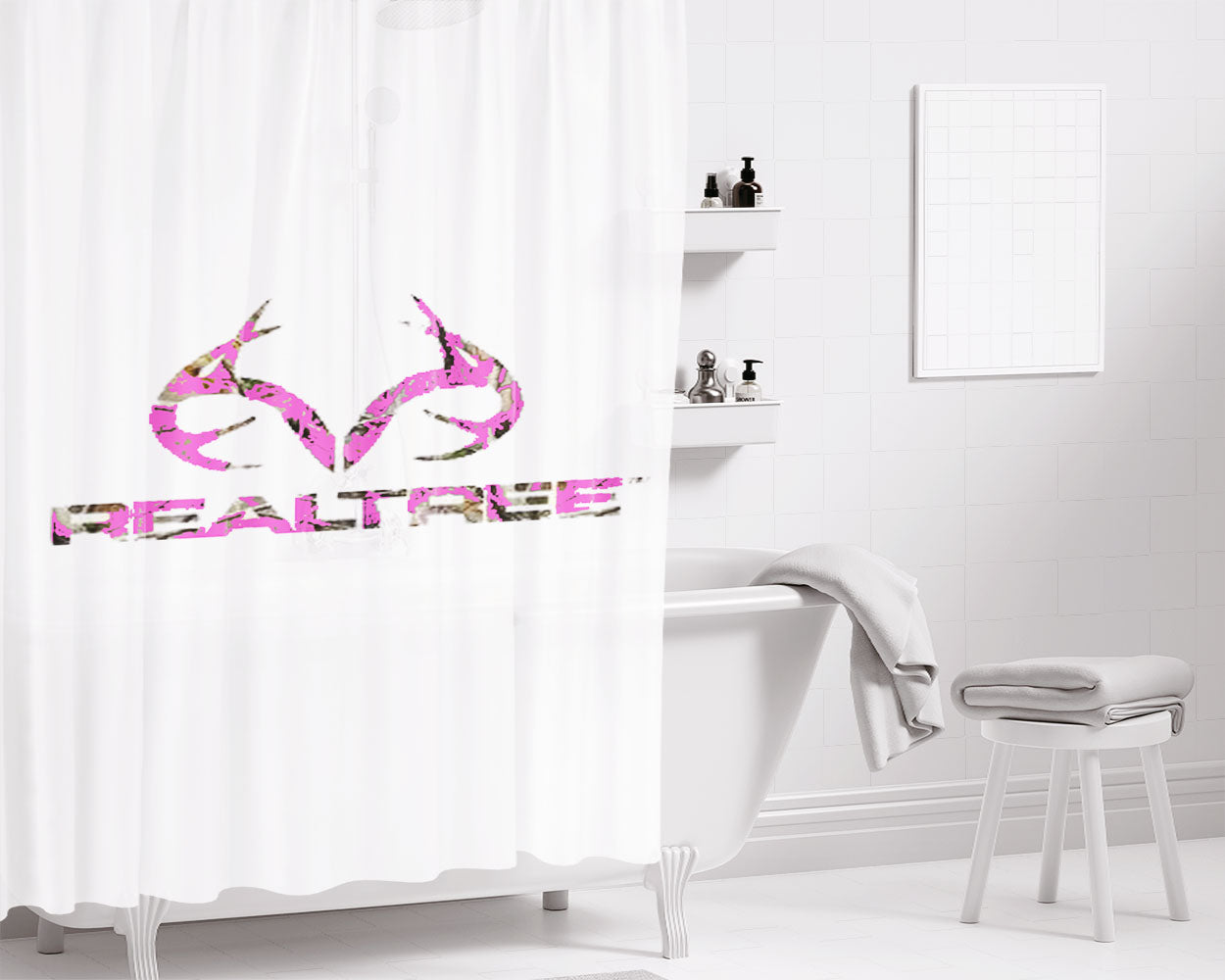 Pink Camo Deer Logo Realtree Bathroom Shower Curtain Fabric Waterproof | 66 X 72 Inch