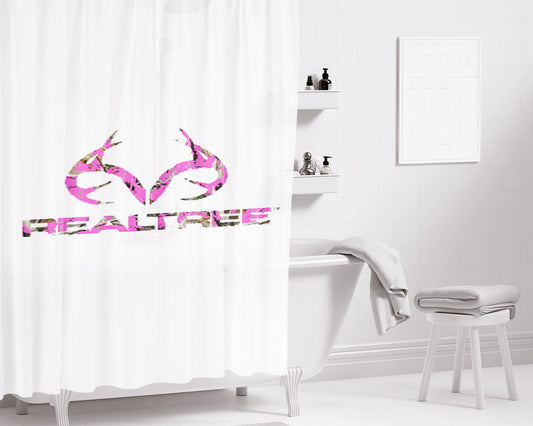 Pink Camo Deer Logo Realtree Bathroom Shower Curtain Fabric Waterproof | 66 X 72 Inch