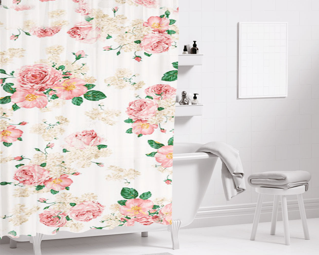Pink Carnations Floral Bathroom Shower Curtain Fabric Waterproof | 66 X 72 Inch