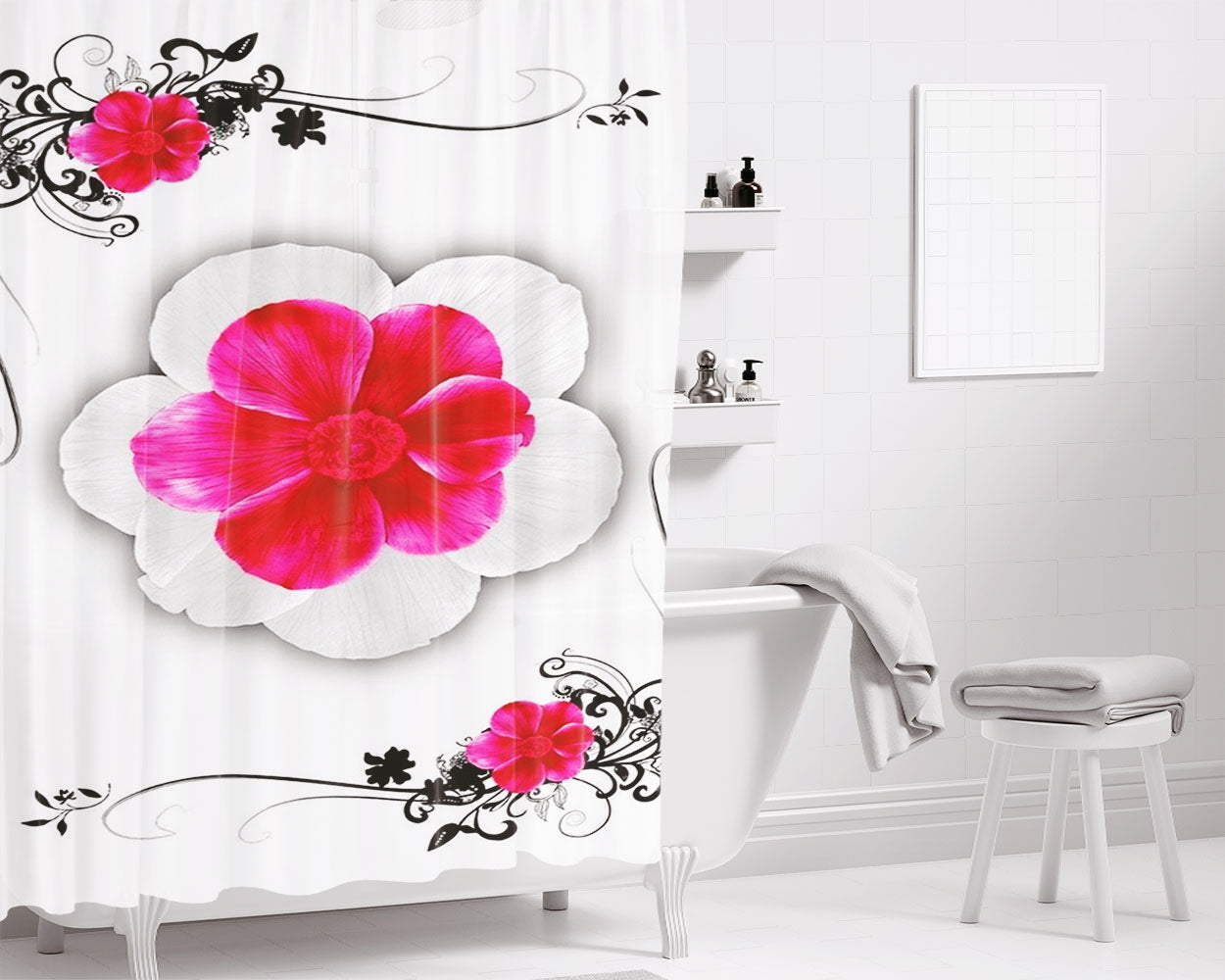 Pink White Flower Bathroom Shower Curtain Fabric Waterproof | 66 X 72 Inch