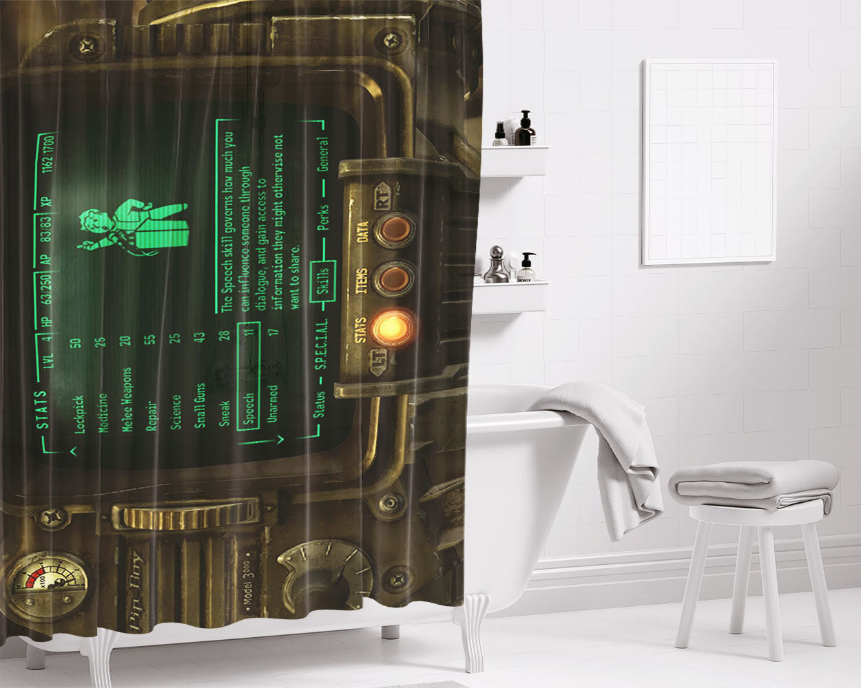 Pip Boy 3D Bathroom Shower Curtain Fabric Waterproof | 66 X 72 Inch