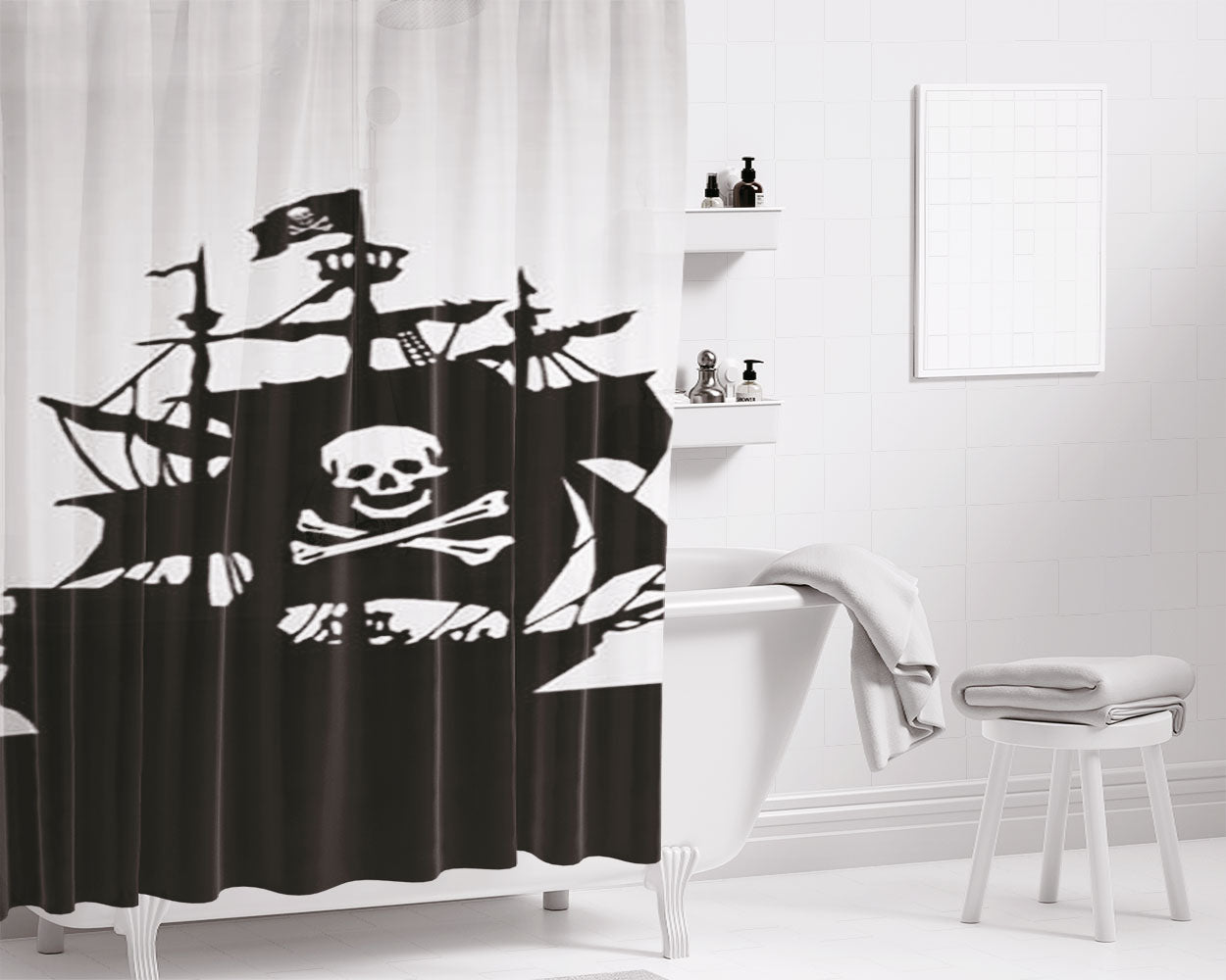 Pirate Ship Silhouette Bathroom Shower Curtain Fabric Waterproof | 66 X 72 Inch