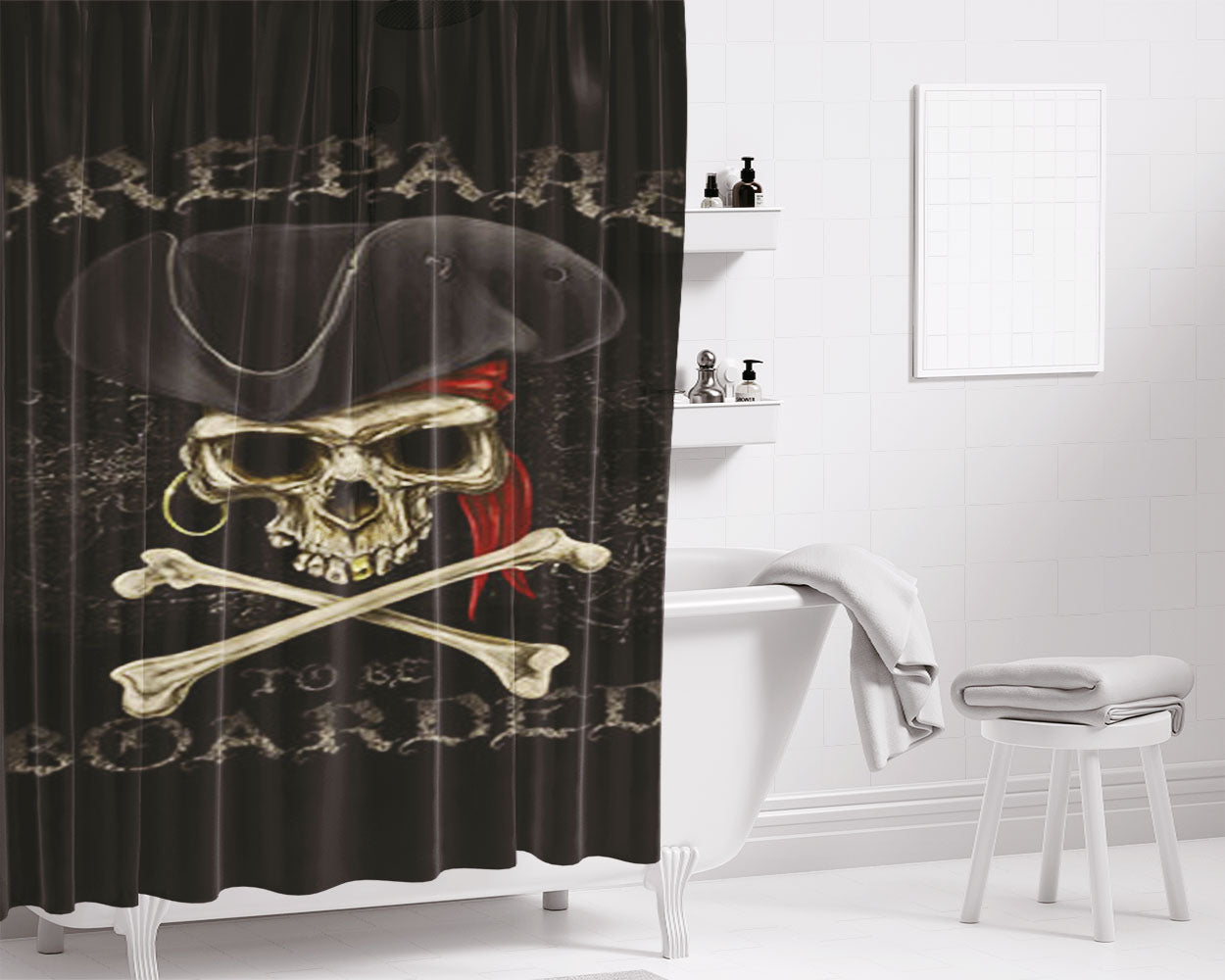 Pirate Skull Prepare To Be Boarded Bathroom Shower Curtain Fabric Waterproof | 66 X 72 Inch