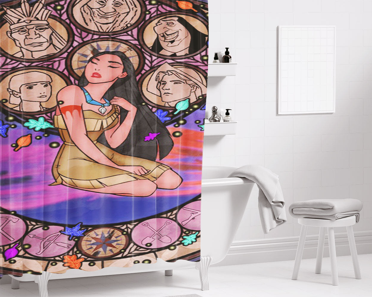 Pocahontas Stained Glass Bathroom Shower Curtain Fabric Waterproof | 66 X 72 Inch