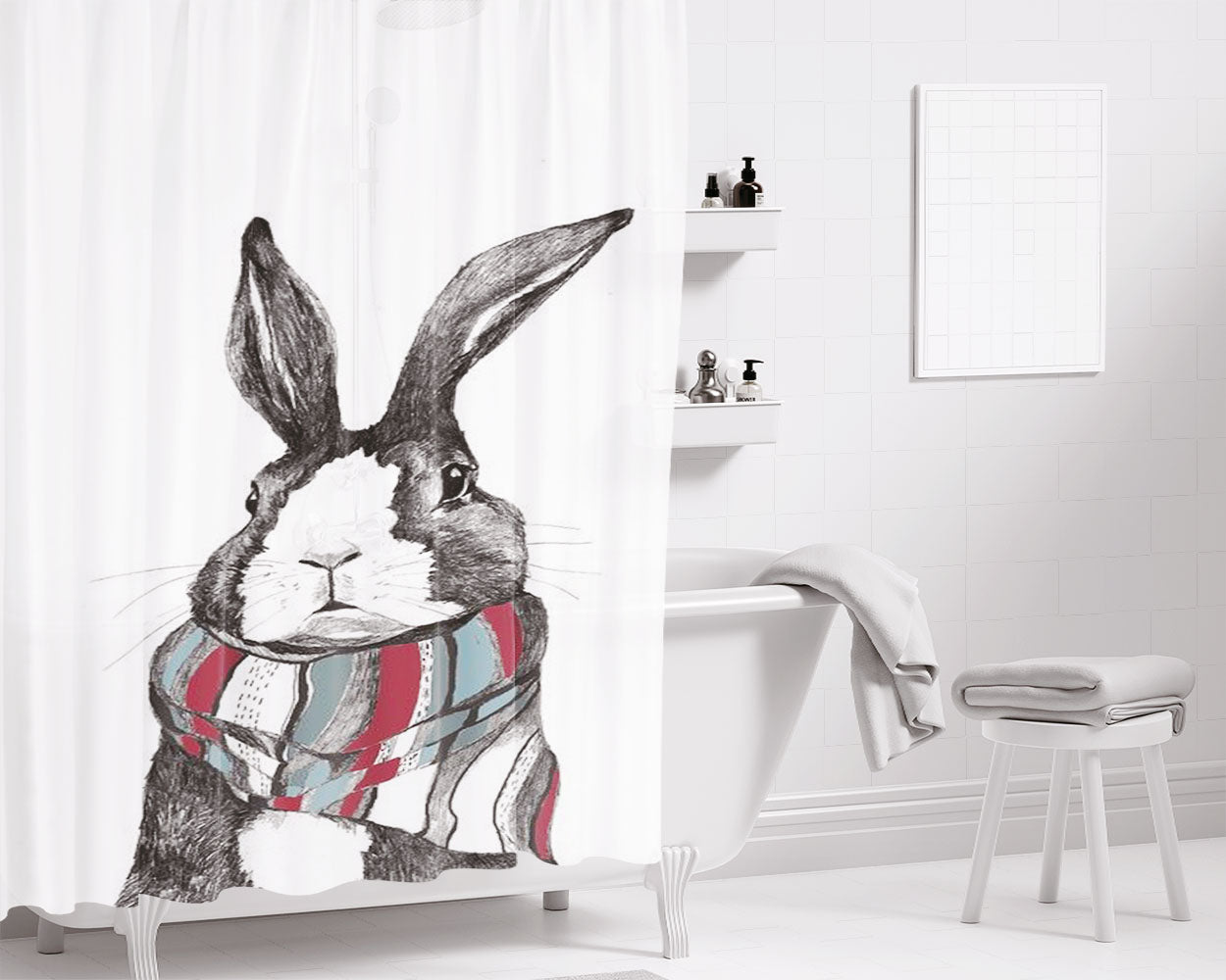 Rabbit Miu Mural Bathroom Shower Curtain Fabric Waterproof | 66 X 72 Inch