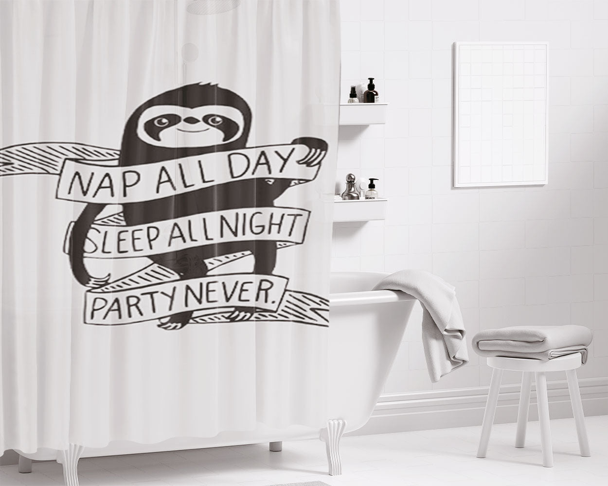 Raccoon Nap All Day Sleep All Night Party Never Art Bathroom Shower Curtain Fabric Waterproof | 66 X 72 Inch