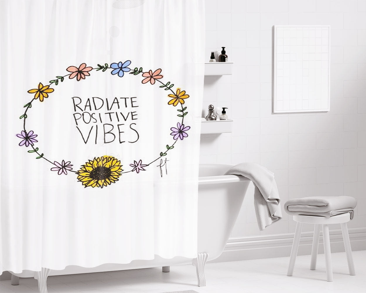 Radiate Positive Vibes Bathroom Shower Curtain Fabric Waterproof | 66 X 72 Inch