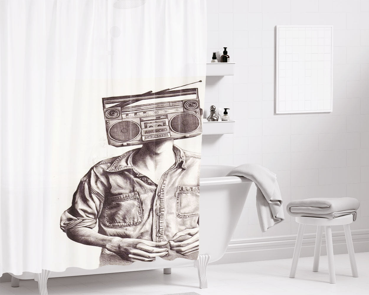 Radio Man Bathroom Shower Curtain Fabric Waterproof | 66 X 72 Inch