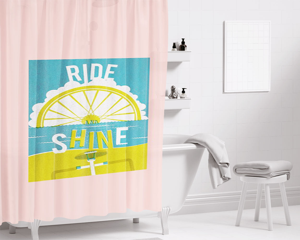 Ride And Shine Cycle Pink Bathroom Shower Curtain Fabric Waterproof | 66 X 72 Inch