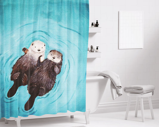 Romantic Swim Two Otterly Bathroom Shower Curtain Fabric Waterproof | 66 X 72 Inch