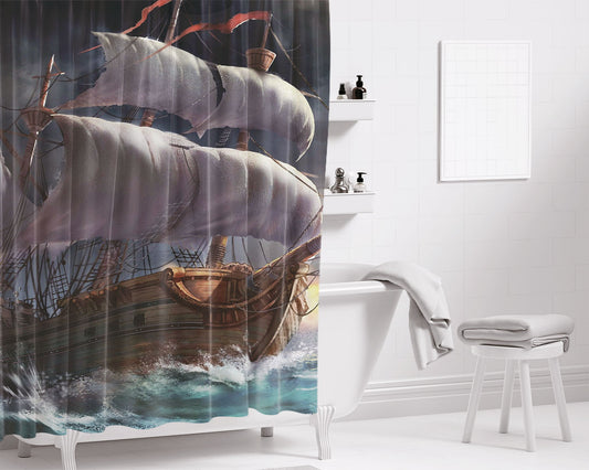 Sea Storm Ship- Bathroom Shower Curtain Fabric Waterproof | 66 X 72 Inch