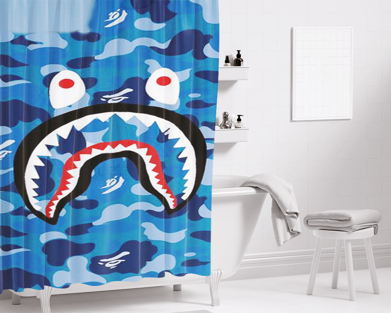 Bape Camo Shark Blue Bathroom Shower Curtain Fabric Waterproof | 66 X 72 Inch