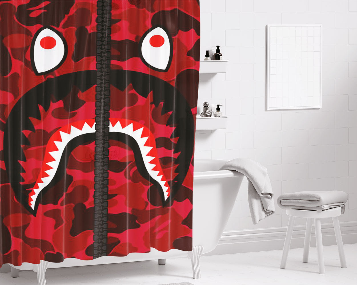 Bape Red Bathroom Shower Curtain Fabric Waterproof | 66 X 72 Inch