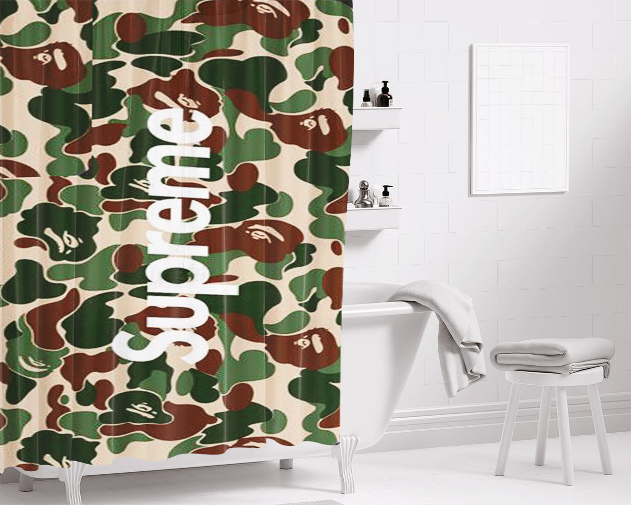 Bape X Suprem Bathroom Shower Curtain Fabric Waterproof | 66 X 72 Inch