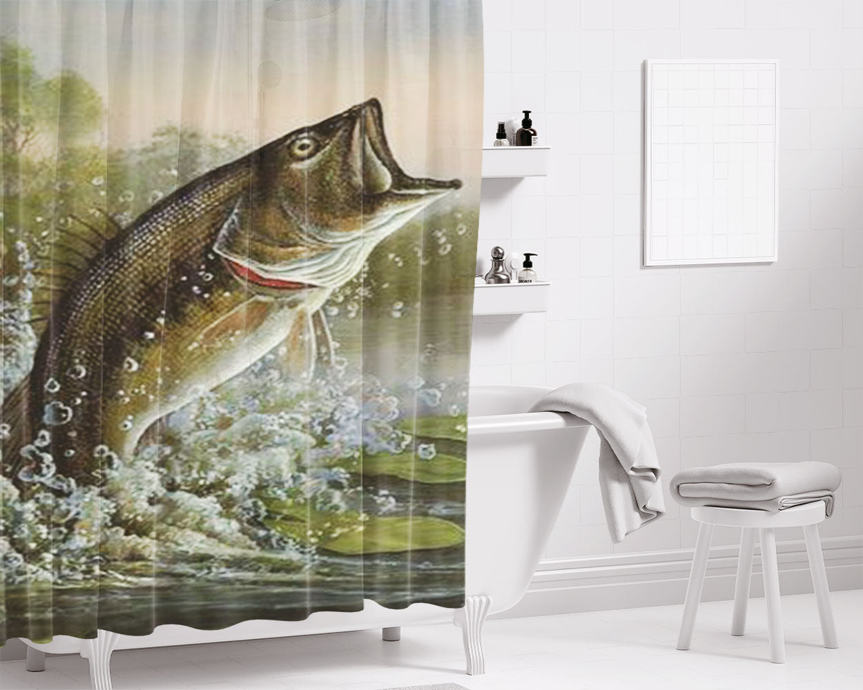 Bass Fishing Bathroom Shower Curtain Fabric Waterproof | 66 X 72 Inch