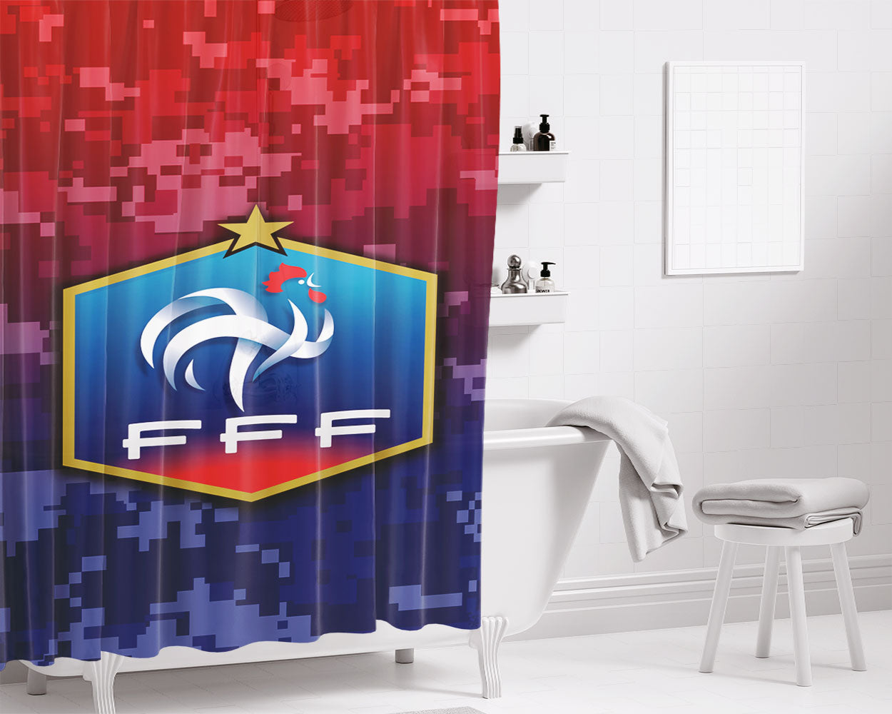 French Football Federation Camo Bathroom Shower Curtain Fabric Waterproof | 66 X 72 Inch