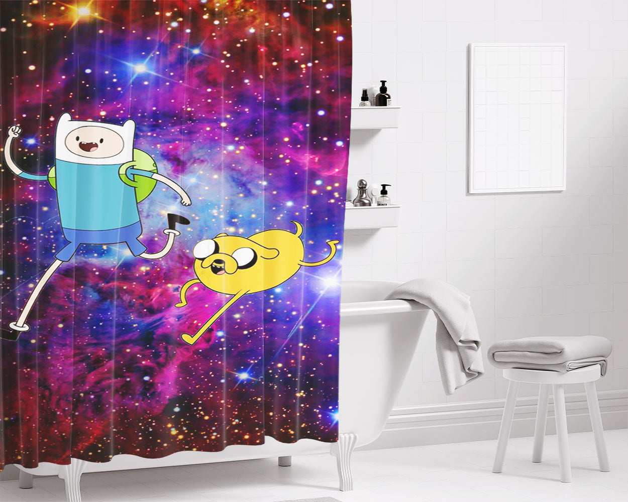 Galaxy Nebula Finn And Jake 3 Bathroom Shower Curtain Fabric Waterproof | 66 X 72 Inch