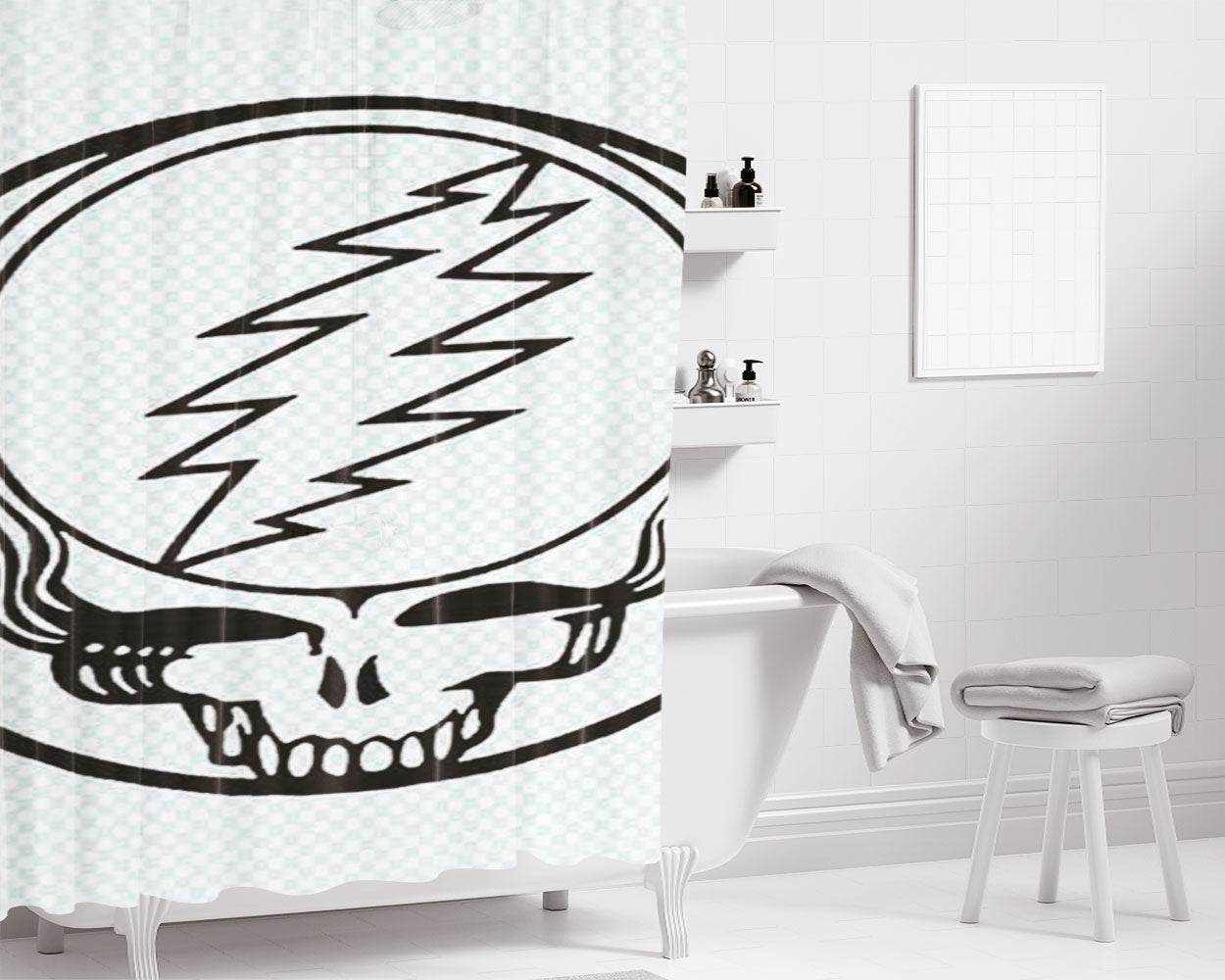 Grateful Dead Logo Outline Checkered Bathroom Shower Curtain Fabric Waterproof | 66 X 72 Inch
