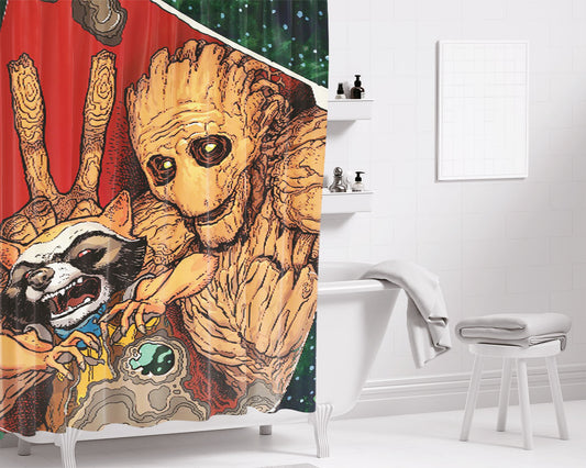Guardian Of The Galaxy Rocket Raccoon Groot Bathroom Shower Curtain Fabric Waterproof | 66 X 72 Inch