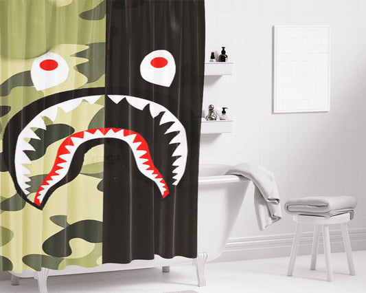 Half Camo Bape Shark Face Pattern Bathroom Shower Curtain Fabric Waterproof | 66 X 72 Inch