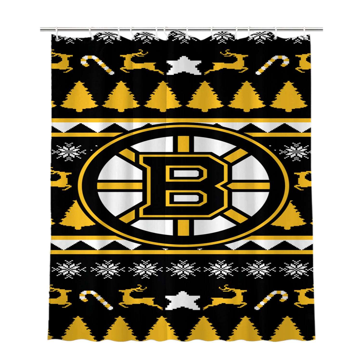Boston Bruins Christmas Sweater Bathroom Shower Curtain Fabric Waterproof | 66 X 72 Inch