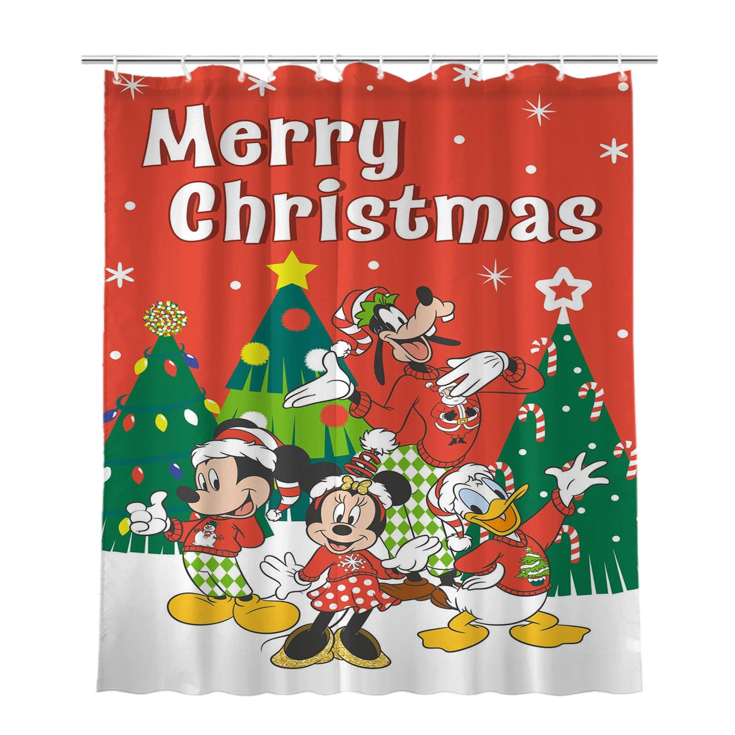 Celebrate Christmas With Mickey & Friends Bathroom Shower Curtain Fabric Waterproof | 66 X 72 Inch