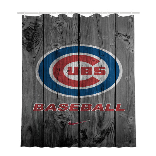 Chicago Cubs Baseball Logo Dark Wood Wallpaper Bathroom Shower Curtain Fabric Waterproof