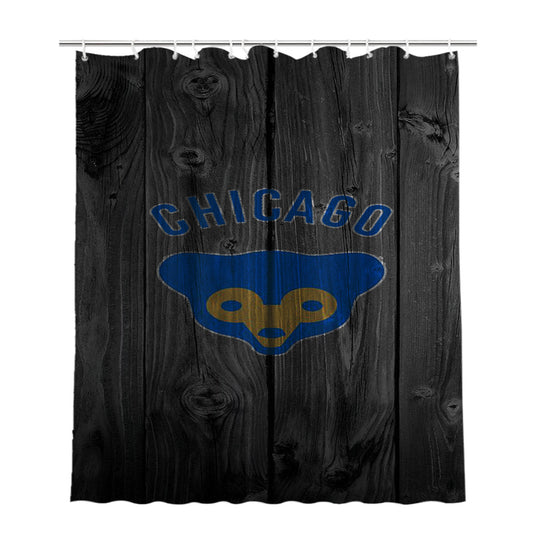 Chicago Cubs Mlb Logo Dark Wood Wallpaper Bathroom Shower Curtain Fabric Waterproof