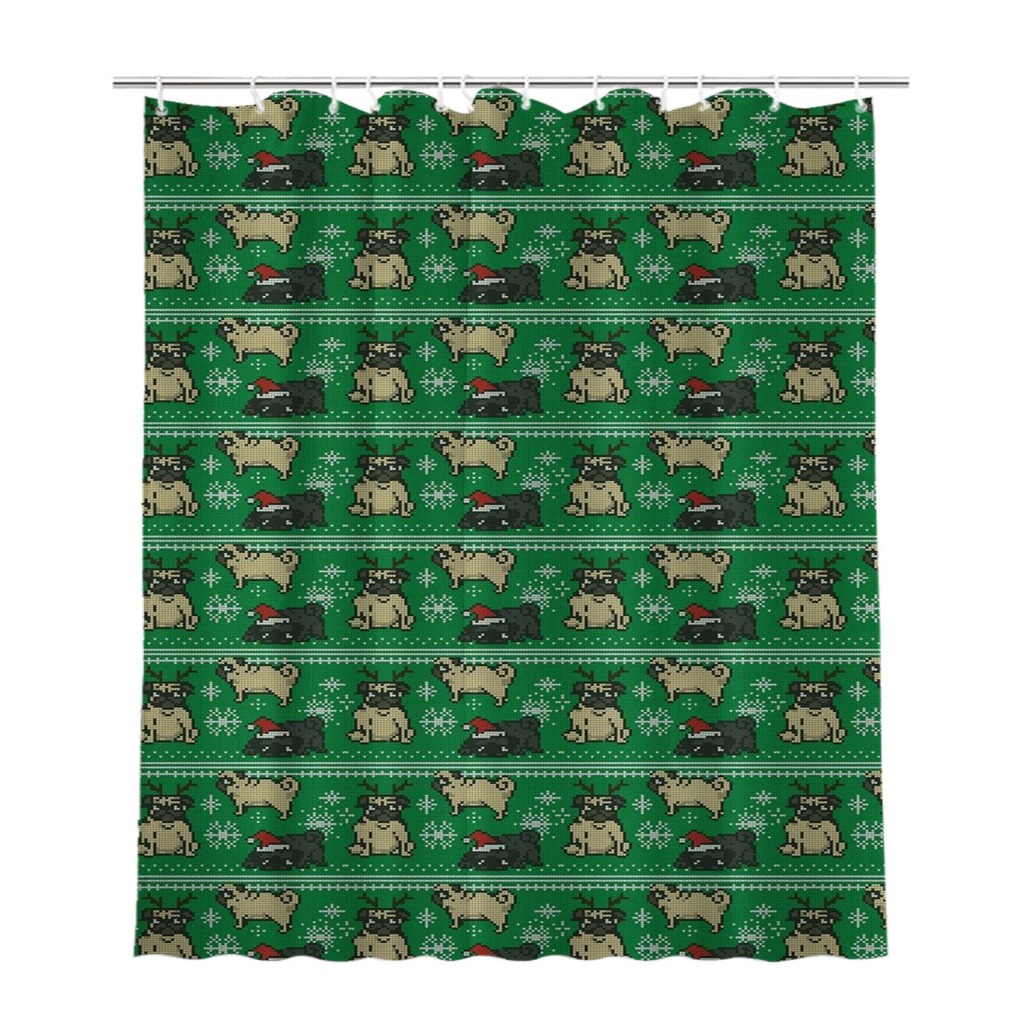Christmas Pug Green Winter Pattern Bathroom Shower Curtain Fabric Waterproof | 66 X 72 Inch
