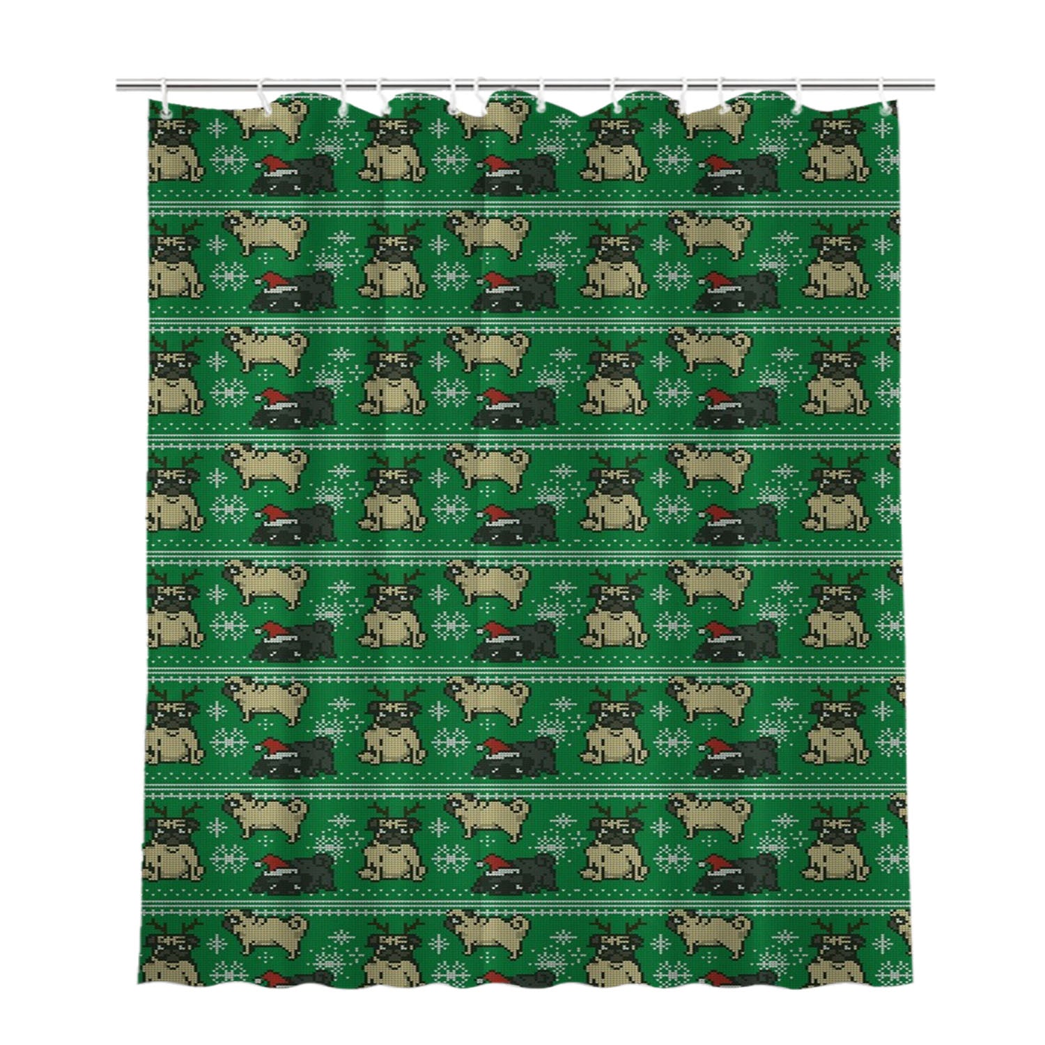 Christmas Pug Green Winter Pattern Bathroom Shower Curtain Fabric Waterproof | 66 X 72 Inch