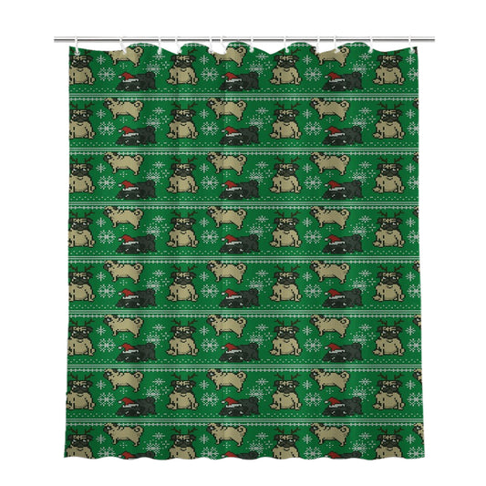 Christmas Pug Green Winter Pattern Bathroom Shower Curtain Fabric Waterproof