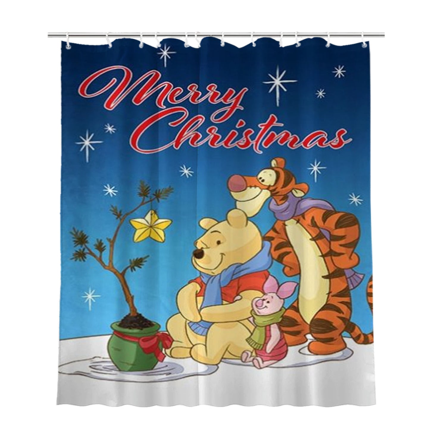 Christmas Star Pooh, Tigger And Piglet Bathroom Shower Curtain Fabric Waterproof | 66 X 72 Inch