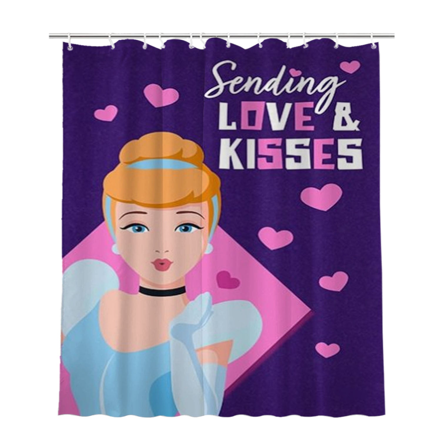 Cinderella Sending Love & Kisses Bathroom Shower Curtain Fabric Waterproof | 66 X 72 Inch